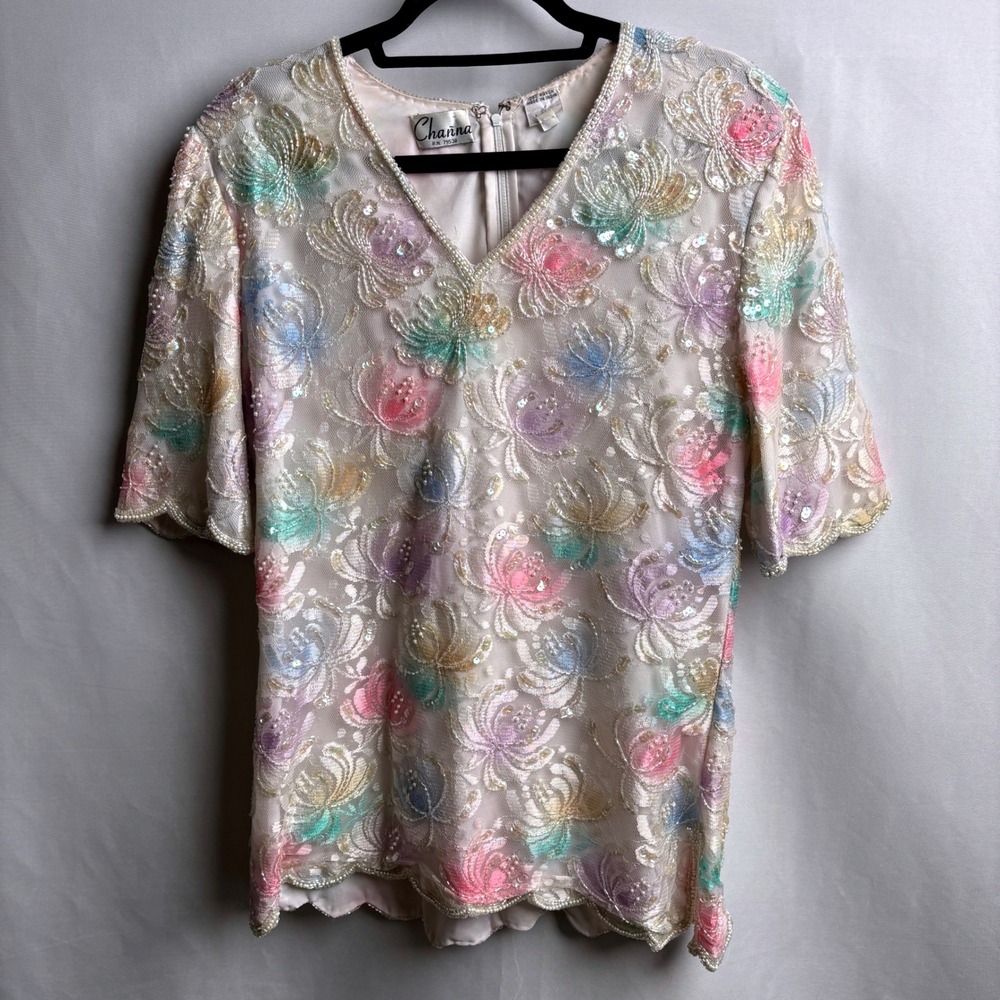 VTG Beaded Pastel Blouse Princess Mermaid 80s Glam Girl V Neck Cosplay Costume L